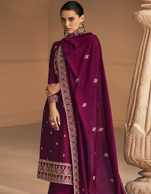 Designer Function Wear Heavy Salwar Suit Collection Purple Premium Silk Pant Straight Back View